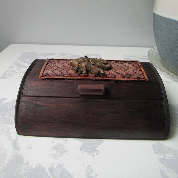 Handmade Curved Rectangular Decorative Wood Box with Elephant Made in Myanmar - Picture 3 of 10